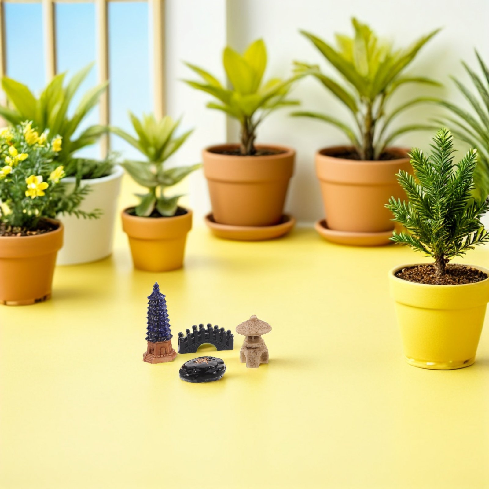 Mini Bonsai Zen Garden - مجموعة من 4 تماثيل باغودا يابانية