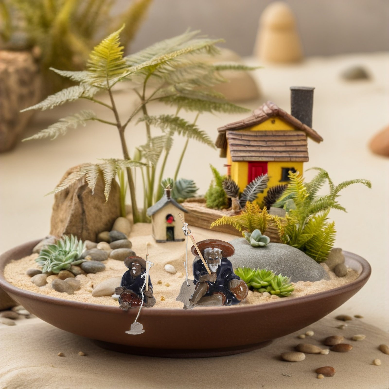 Mini Bonsai Zen Garden - قطعتان من تماثيل الصياد المصغرة لحديقة