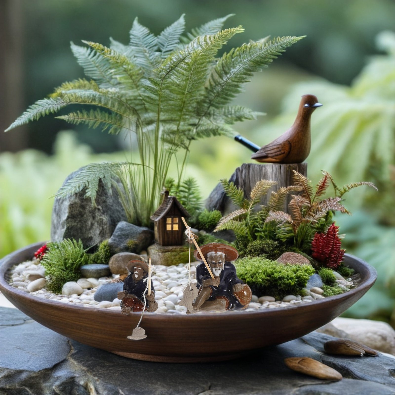قطعتان من تماثيل الصياد المصغر - مراجعة Mini Bonsai Zen Garden وسعره